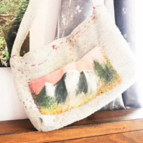 Handbags - Wool Painted Crossbody Bag Linen Cotton Mountain Painted Purse Folk Bag Tote